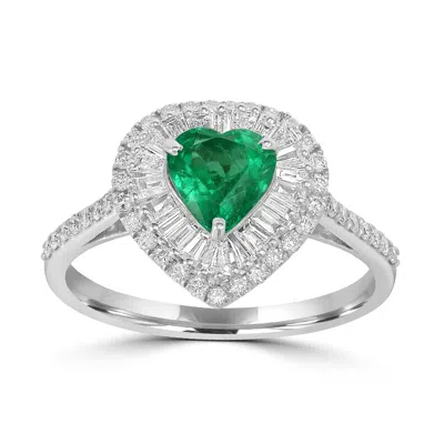 Artisan Women's White / Green Baguette Cut Diamond & Emerald Heart Cocktail Ring In White Gold