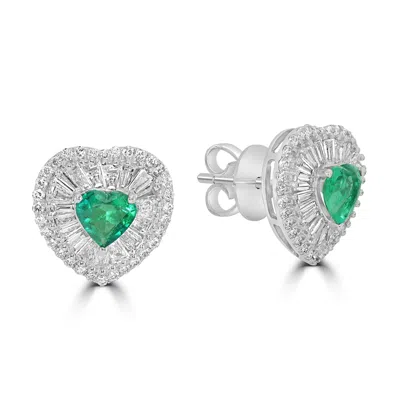 Artisan Women's White / Green Baguette Cut Diamond & Emerald Heart Stud Earrings In White Gold