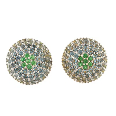 Artisan Women's White / Green / Blue Blue Topaz & Tsavorite Gemstone Stud Earrings In White Gold In Multi