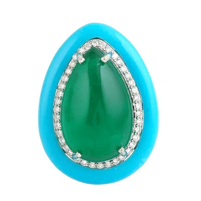 Artisan Women's White / Green / Blue Emerald & Turquoise Gemstone Pave Diamond Cocktail Ring In White Gold In Multi