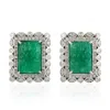 Artisan Women's White / Green Carving Emerald Gemstone & Diamond Stud Earrings In White Gold
