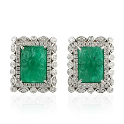 Artisan Women's White / Green Carving Emerald Gemstone & Diamond Stud Earrings In White Gold