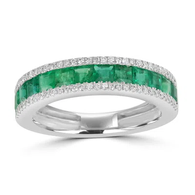 Artisan Women's White / Green Channel Set Emerald & Diamond Band Ring In White Gold In Multi