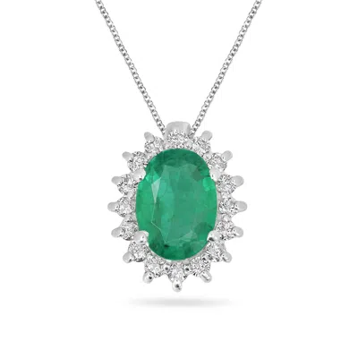 Artisan Women's White / Green Egg Cut Emerald & Diamond Pendant In White Gold In Multi