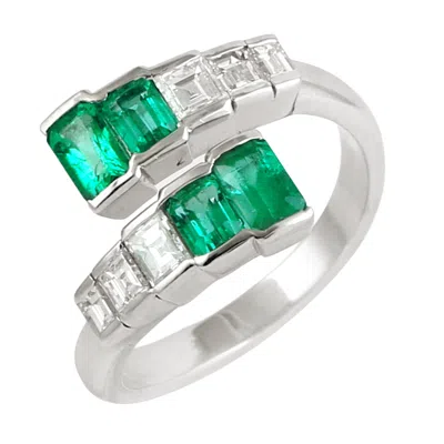 Artisan Women's White / Green Emerald & Diamond Baguette Bypass Ring In 18kt White Gold In Multi