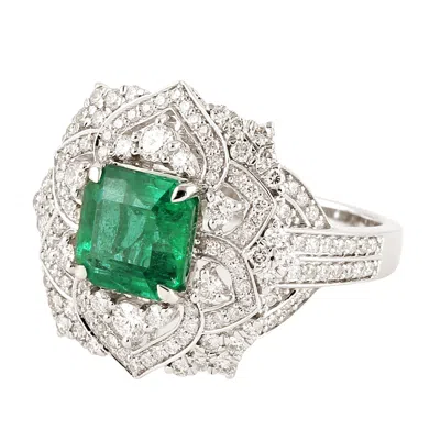 Artisan Women's White / Green Emerald Gemstone & Diamond Cocktail Ring In 18k White Gold In Multi