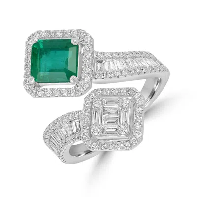 Artisan Women's White / Green Genuine Emerald & Diamond Designer Bypass Ring In White Gold In Multi
