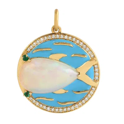 Artisan Women's White / Green / Gold 14k Gold Fish Pendant With Ethiopian Opal, Emerald & Diamonds In Multi