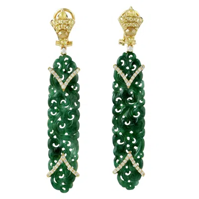Artisan Women's White / Green / Gold Carved Jade & Pave Ice Diamond Dangle Earrings In 18k Yellow Gold In Multi