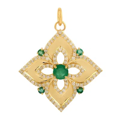 Artisan Women's White / Green / Gold Emerald Gemstone Pave Diamond Flower Pendant In Yellow Gold