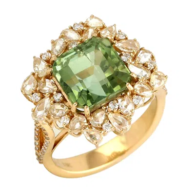 Artisan Women's White / Green / Gold Green Tourmaline Cocktail Ring With Prong Set Rose Cut Diamonds In Gold In Multi