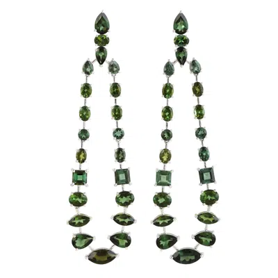 Artisan Women's White / Green Green Tourmaline Gemstone Chandelier Earrings In White Gold In Multi