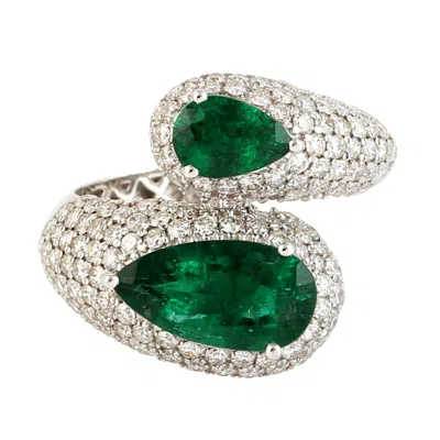 Artisan Women's White / Green Natural Diamond Pave Emerald Green Two Pears In A Ring In 18k White Gold Bypas