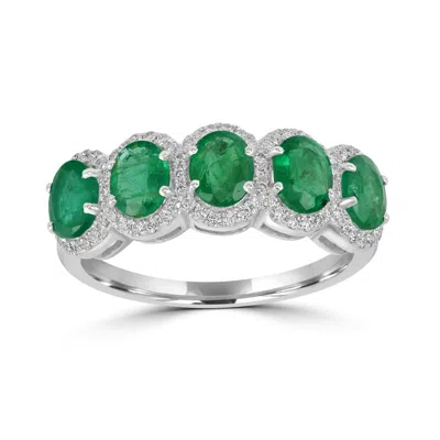 Artisan Women's White / Green Natural Emerald & Diamond Five Stone Band Ring In White Gold In Multi