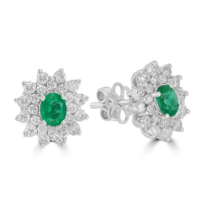 Artisan Women's White / Green Oval Cut Emerald & Diamond Stud Earrings In White Gold In Multi