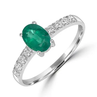 Artisan Women's White / Green Oval Cut Emerald Pave Diamond Band Ring In White Gold In Multi