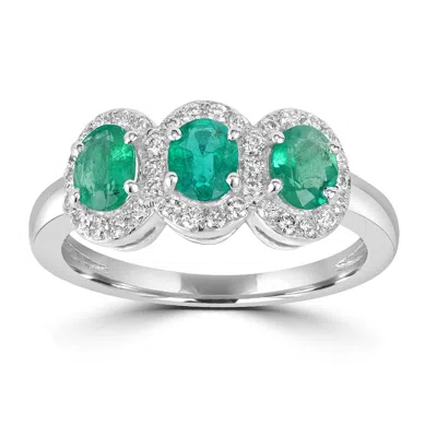 Artisan Women's White / Green Oval Cut Emerald Pave Diamond Three Stone Band Ring In White Gold