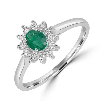 Artisan Women's White / Green Oval Cut Emerald Prong Diamond Band Ring In 18k White Gold In Multi