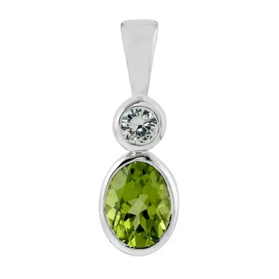 Artisan Women's White / Green Oval Peridot & Sapphire Gemstone Pendant In 14k White Gold