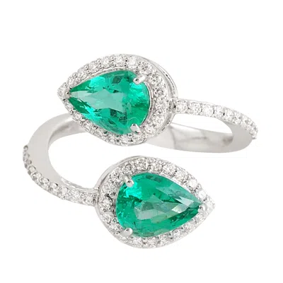 Artisan Women's White / Green Pear Cut Emerald Gemstone Pave Diamond Bypass Ring In White Gold In Multi