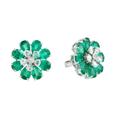 Artisan Women's White / Green Pear Emerald & Rose Cut Diamond Dual Stud Earrings In White Gold – Modern Twis In Multi
