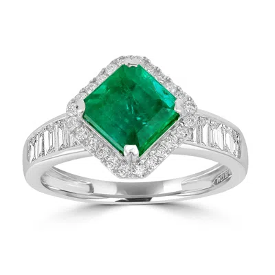 Artisan Women's White / Green Princess Cut Emerald Baguette Cut Diamond Band Ring In White Gold In Multi