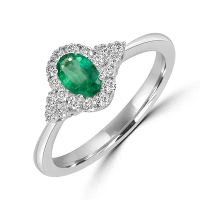 Artisan Women's White / Green Prong Set Emerald Pave Diamond Designer Band Ring In White Gold In Multi