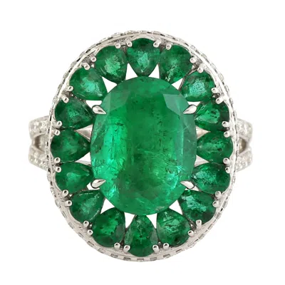 Artisan Women's White / Green White Gold Emerald Solitaire Ring With Pave Diamonds – Unique Wedding Band For In Multi