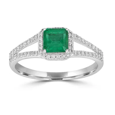 Artisan Women's White / Green White Gold Square-cut Emerald & Diamond Halo Ring – Split Shank Design In Metallic