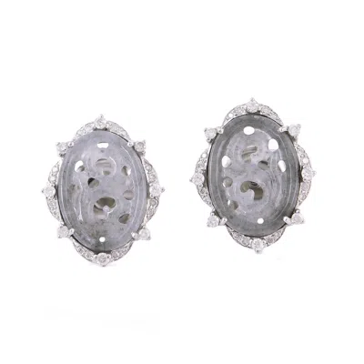 Artisan Women's White / Grey 18k White Gold Stud Earrings With Carved Jade & Diamonds In Gray
