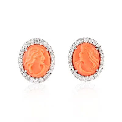 Artisan Women's White / Orange 18k White Gold Carved Coral Cameo & Diamond Stud Earrings