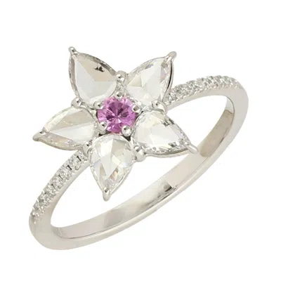 Artisan Women's White / Orange 18k White Gold Pink Sapphire & Pear-cut Diamond Floral Ring In Silver