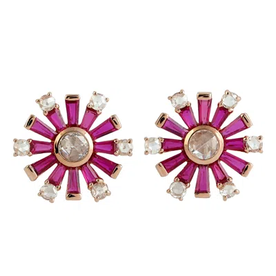 Artisan Women's White / Orange Baguette Ruby & Diamond Stud Earrings In 18k Rose Gold In Pink