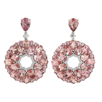 Artisan Women's White / Pink 14k White Gold Pink Tourmaline & Diamond Floral Drop Earrings In White/pink