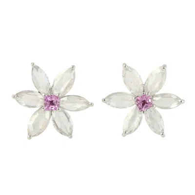 Artisan Women's White / Pink 18k White Gold In Marquise Cut Diamond & Sapphire Flower Earrings