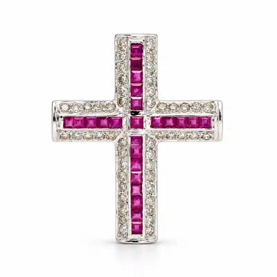 Artisan Women's White / Pink 18k White Gold Ruby & Diamond Cross Pendant In Multi
