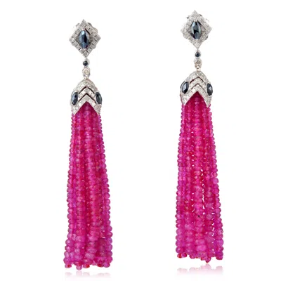 Artisan Women's White / Pink / Black Beaded Ruby, Spinel & Diamond Tassel Earrings In Silver & 18k White Gol In White/pink/black