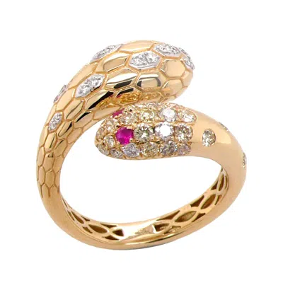 Artisan Women's White / Pink / Gold 18k Yellow Gold Diamond Snake Bypass Ring With Ruby