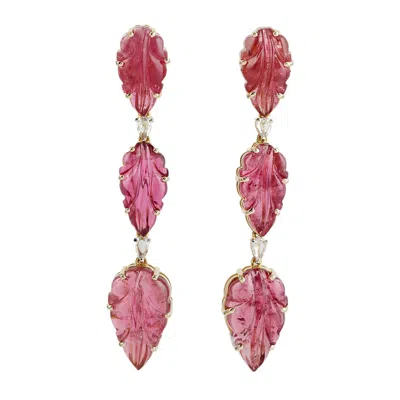 Artisan Women's White / Pink / Gold Carved Pink Tourmaline & Diamond Leaf Drop Earrings In 14kt Gold In Multi