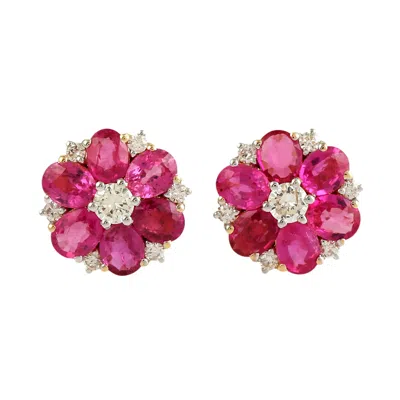 Artisan Women's White / Pink / Gold Oval Ruby Flower Earrings With Diamonds In Two-tone Gold In Multi