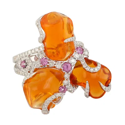 Artisan Women's White / Pink / Orange Statement Ring With Fire Opal, Pink Sapphire & Diamonds In 18k White G In Gold