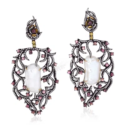 Artisan Women's White / Pink Oval-cut Pearl & Pink Tourmaline Leaf Earrings In 18kt White Gold & Sterling Si In Multi