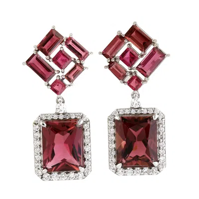 Artisan Women's White / Pink Pink Tourmaline Drop Earrings With Pave Diamonds In White Gold In Multi