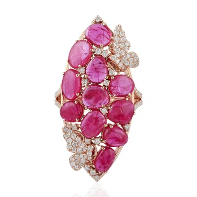 Artisan Women's White / Pink / Purple 18k Rose Gold With Diamond & Oval Ruby Butterfly Marquise Ring