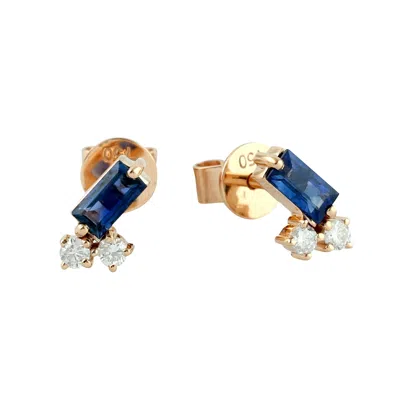 Artisan Women's White / Pink / Purple Baguette Blue Sapphire & Diamond Stud Earrings In 18k Rose Gold
