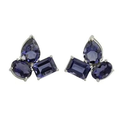 Artisan Women's White / Pink / Purple Iolite Gemstone Three Stone Earrings In White Gold