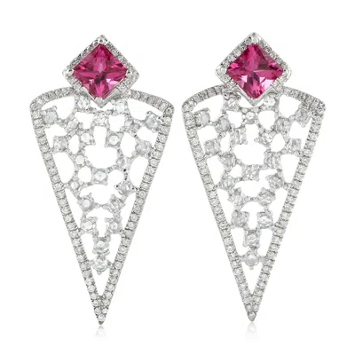 Artisan Women's White / Pink / Purple Natural Pink Tourmaline & Uncut Diamond Geometric Earrings In White Go