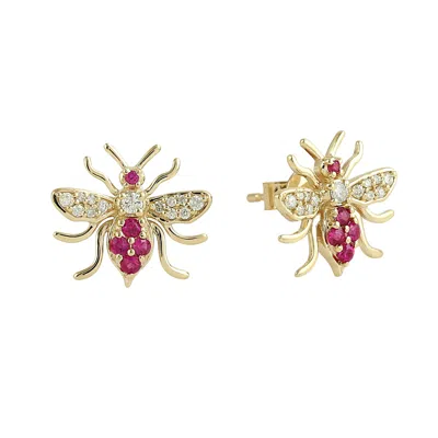 Artisan Women's White / Pink / Purple Natural Ruby & Diamond Bumble Bee Stud Earrings In Gold