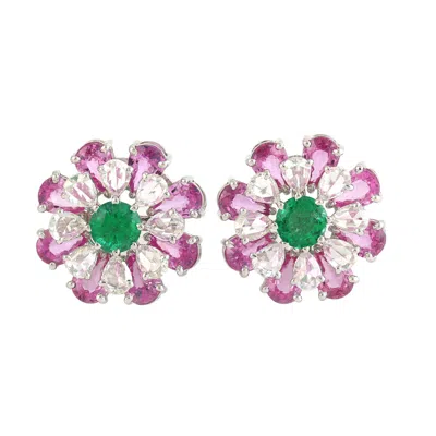 Artisan Women's White / Pink / Purple Pear Shape Rose Cut Diamond & Pink Sapphire With Emerald In 18k White In White/pink/purple
