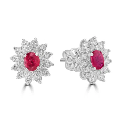 Artisan Women's White / Pink / Purple Pink Ruby & Diamond Oval Stud Earrings In 18k White Gold In Multi